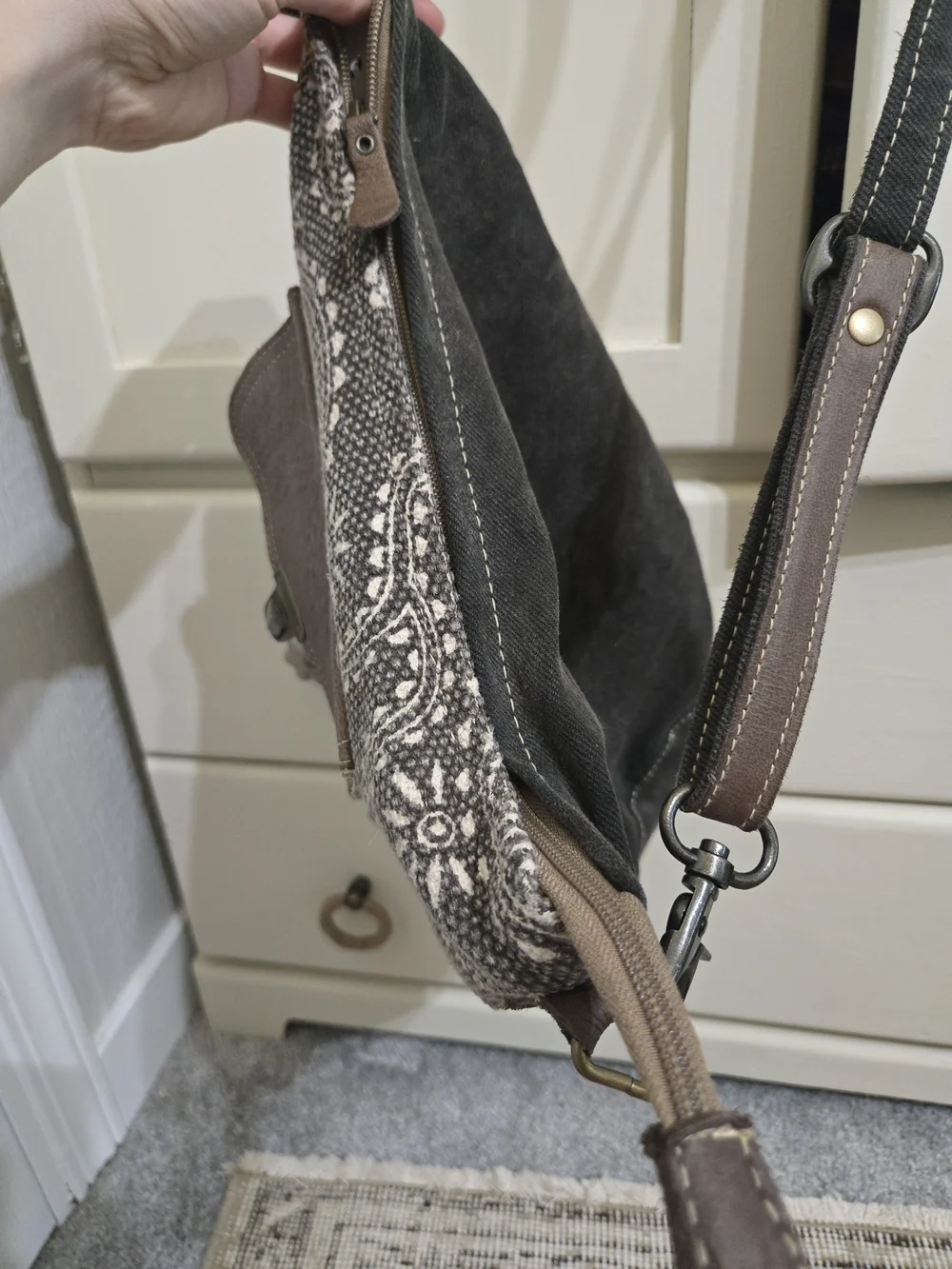 Myra Bag: Charcoal & Brown Patterned Canvas Crossbody Bag with Leather Flap